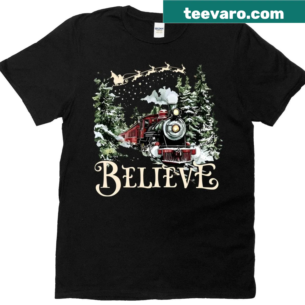 Christmas train graphic with Santa for a family holiday T-shirt — on a men's t-shirt