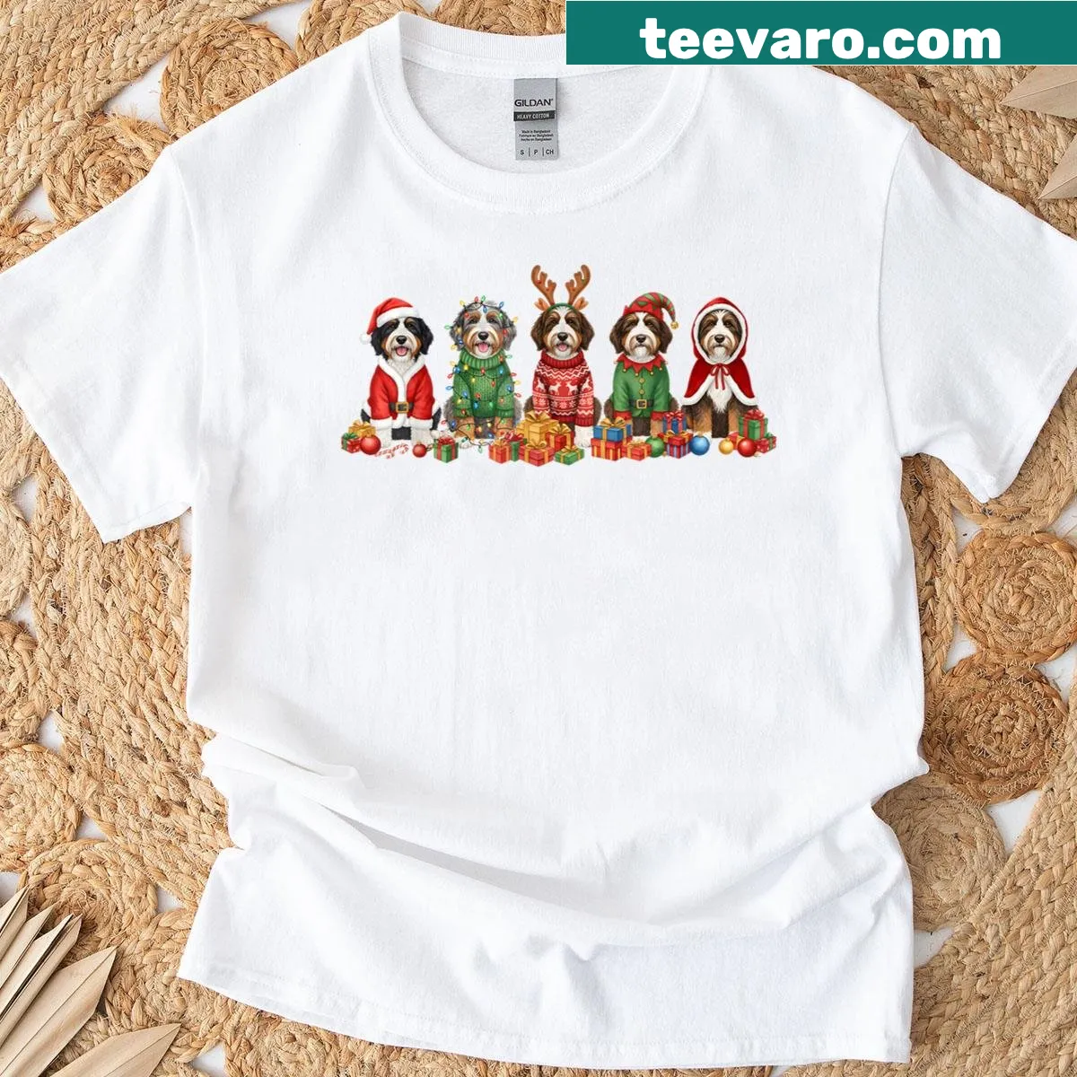 Cute Bernedoodle dogs with Christmas lights and Santa hats design — on a men's t-shirt