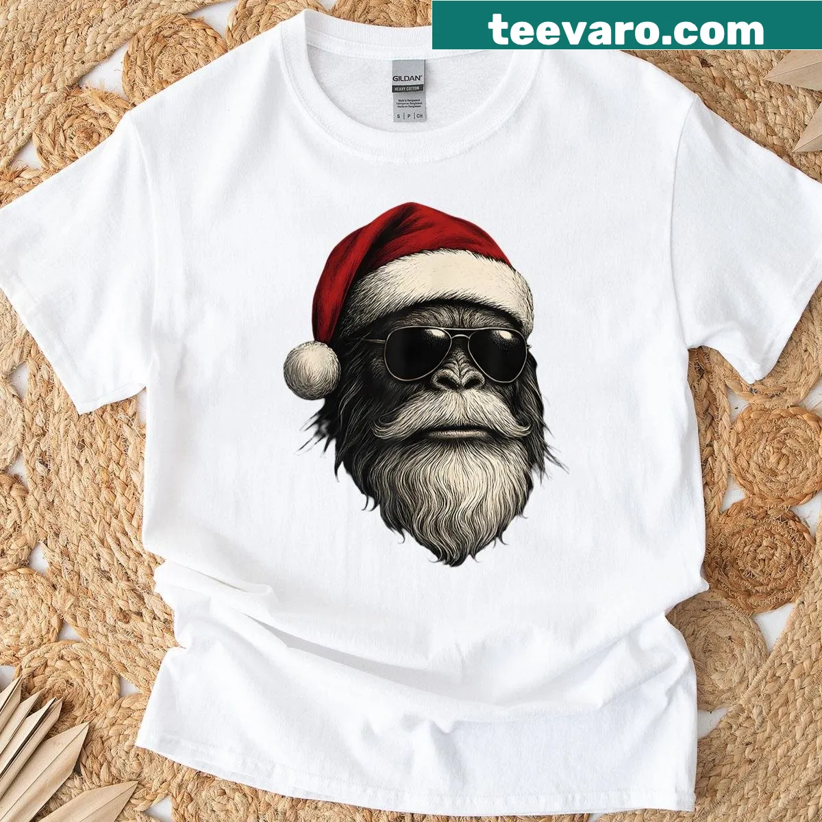 Funny Bigfoot wearing Christmas sunglasses and Santa hat — on a men's t-shirt