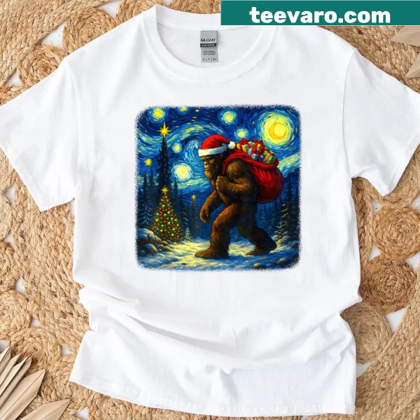 T-shirt featuring Bigfoot Santa in Van Gogh inspired art