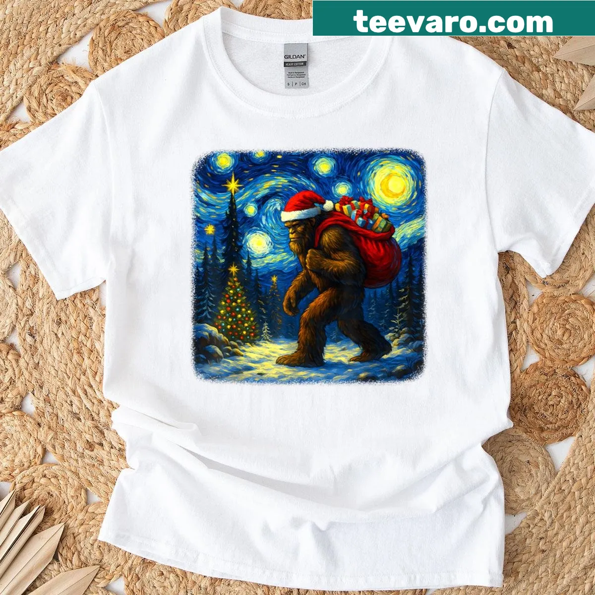 T-shirt featuring Bigfoot Santa in Van Gogh inspired art — on a men's t-shirt