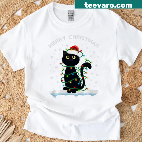 Whimsical black cat with Christmas lights illustration on T-shirt