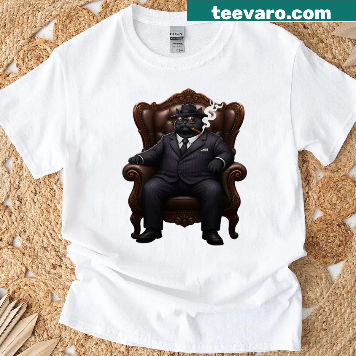 Cartoon T-shirt with black cat mafia boss design — on a men's t-shirt