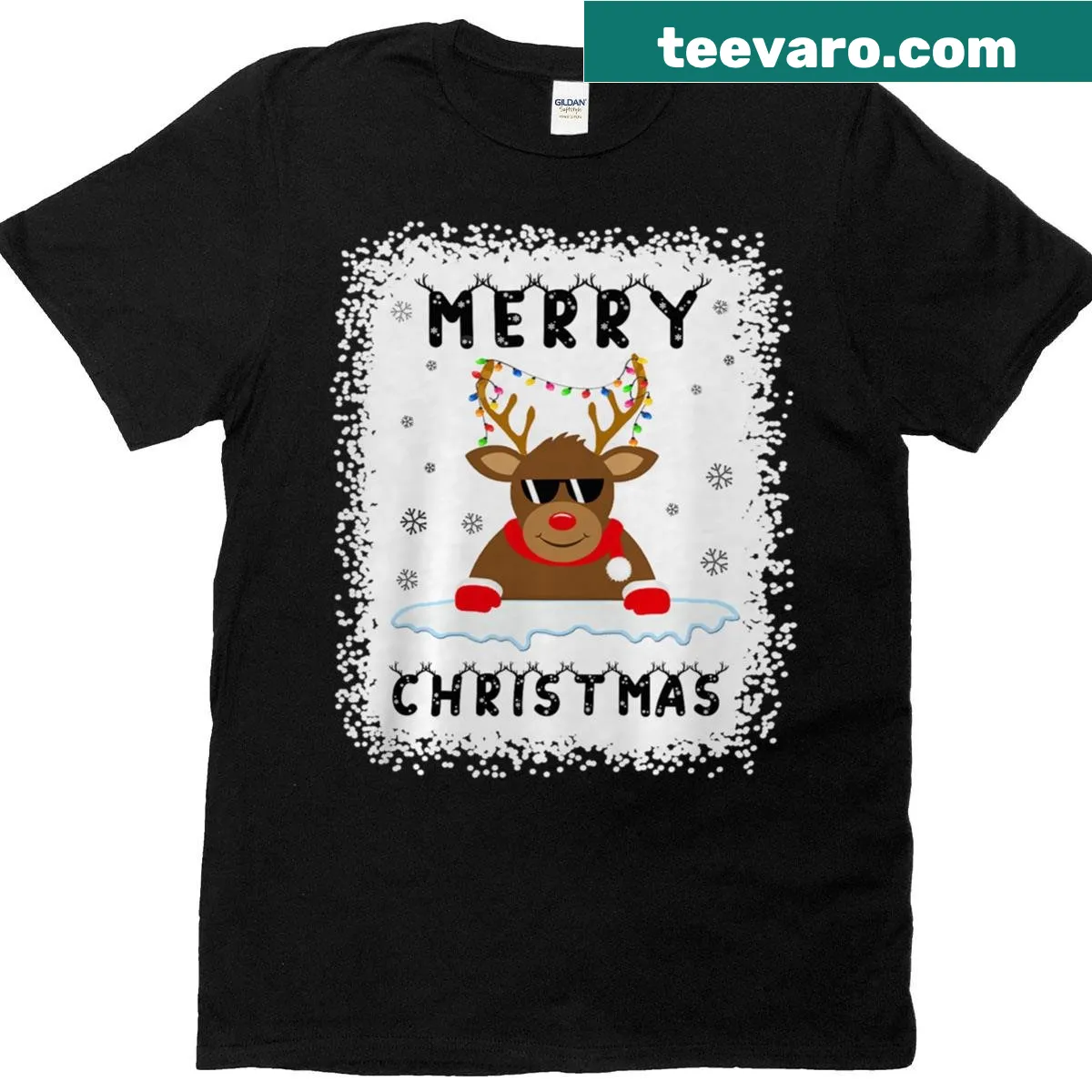 Festive Christmas shirt featuring a reindeer with lights design — on a men's t-shirt