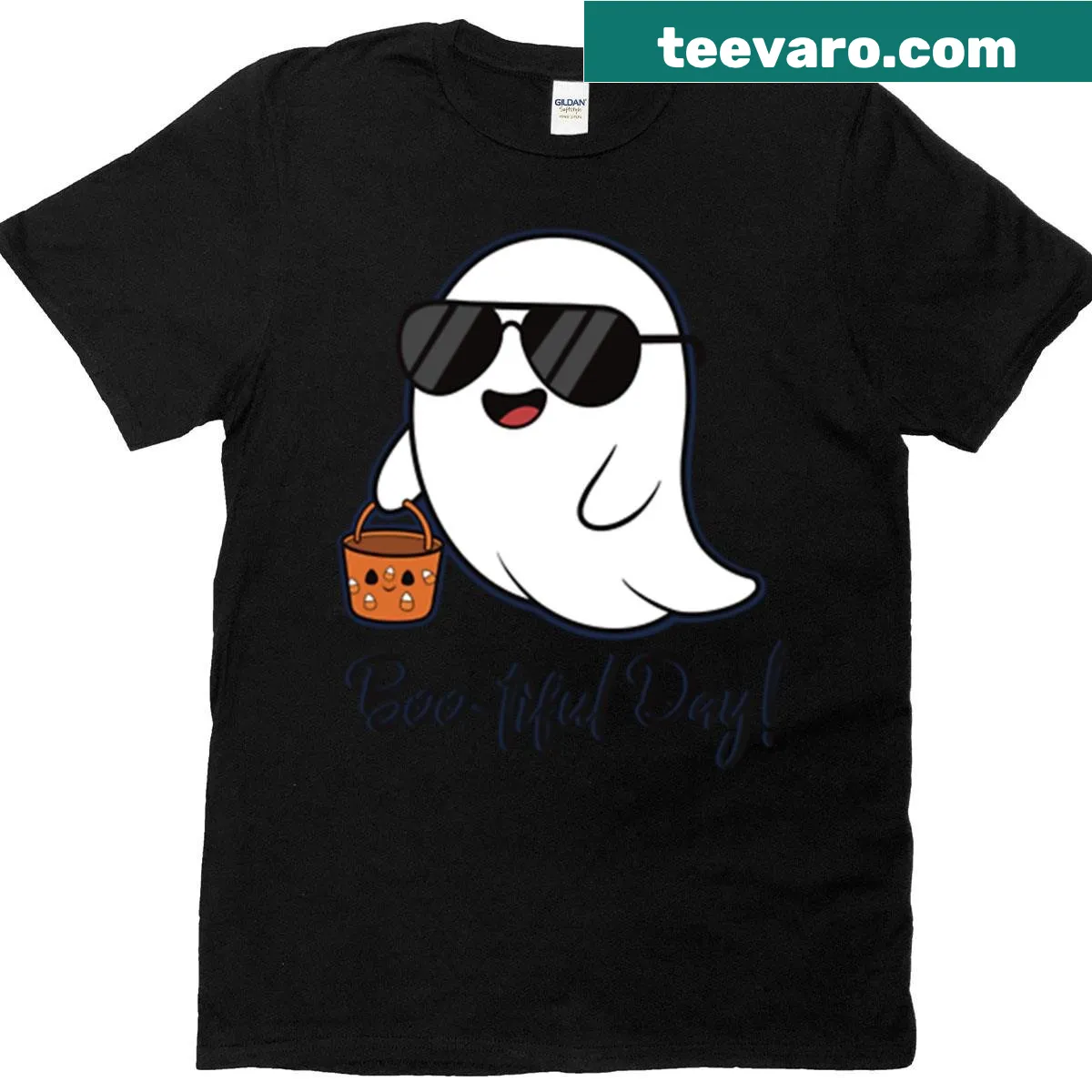 Oversized t-shirt with whimsical ghost and playful Halloween typography. — on a men's t-shirt