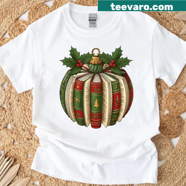 Illustration of book ornaments on a Christmas-themed t-shirt