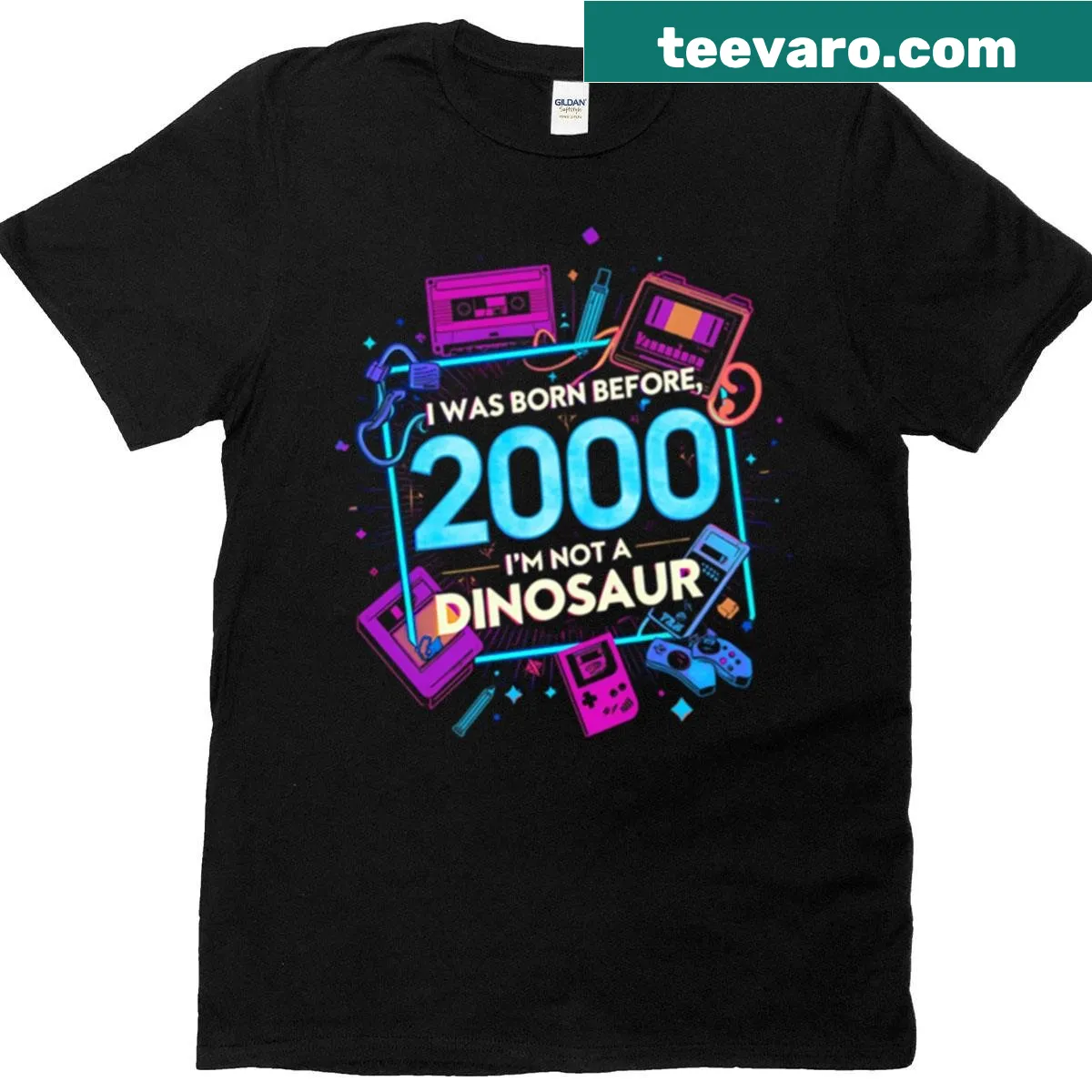 Oversized Y2K vaporwave design shirt with bold typography — on a men's t-shirt