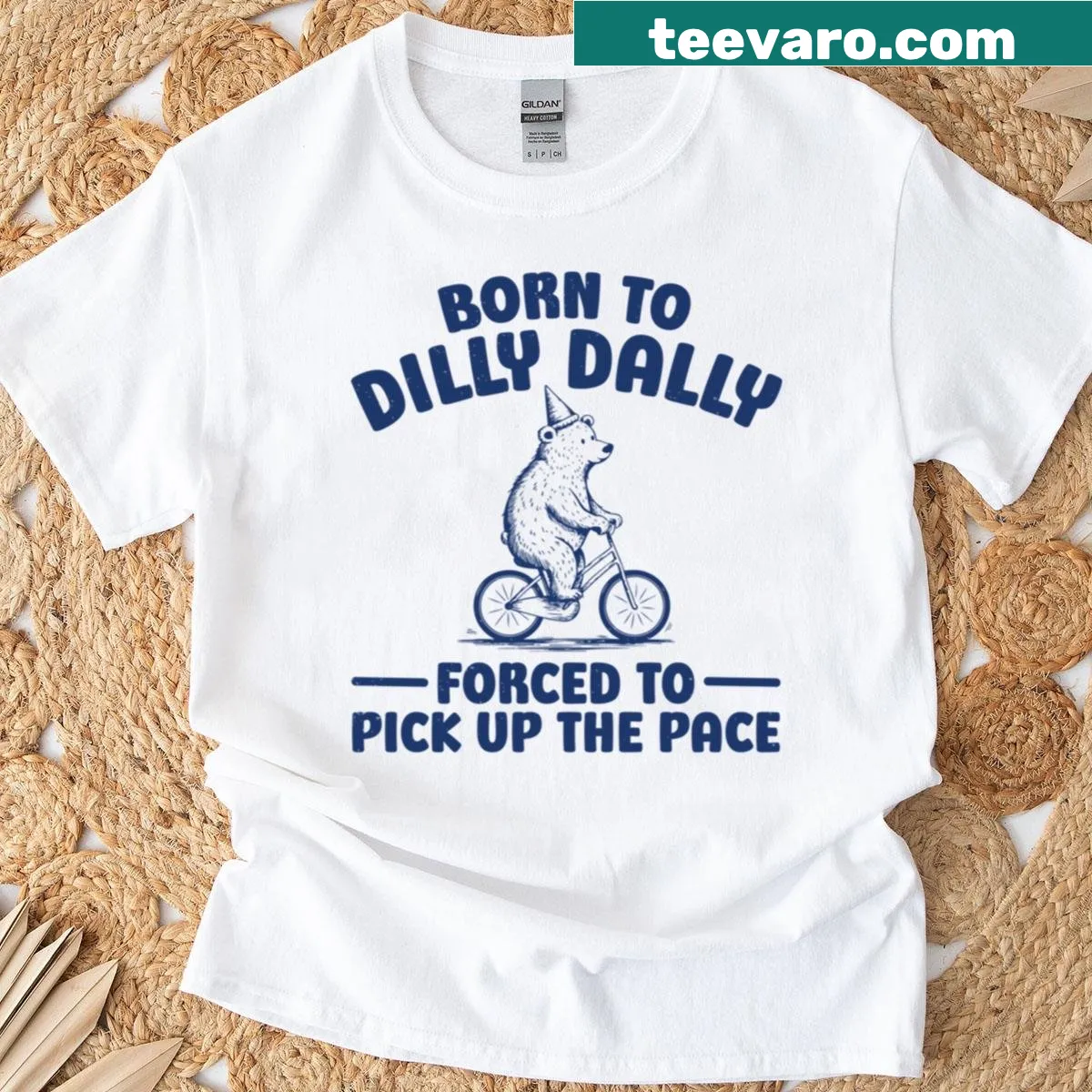 Cute bear graphic with 'Born To Dilly Dally' text on oversized t-shirt — on a men's t-shirt