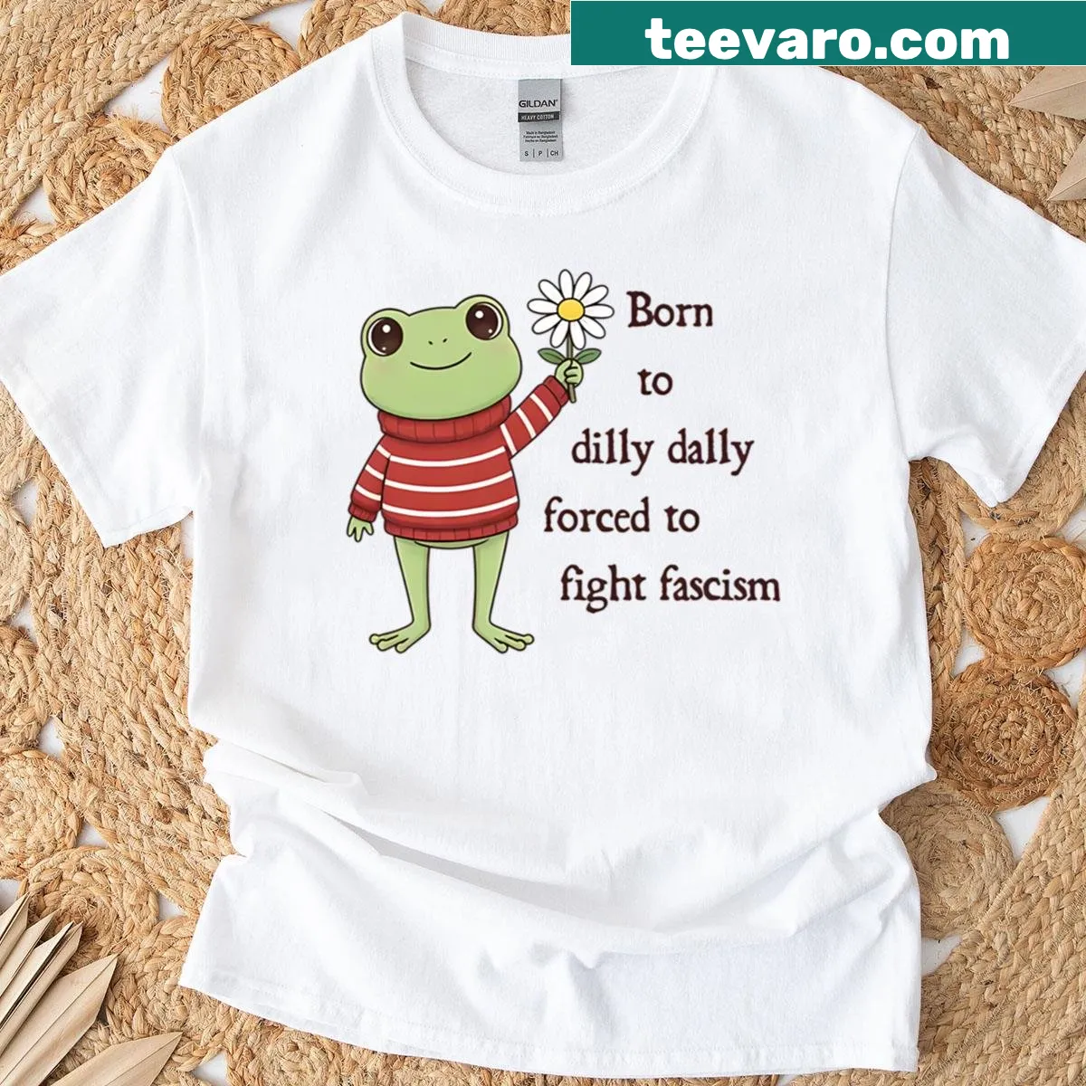 Graphic of a frog with a flower and humorous activism phrase — on a men's t-shirt
