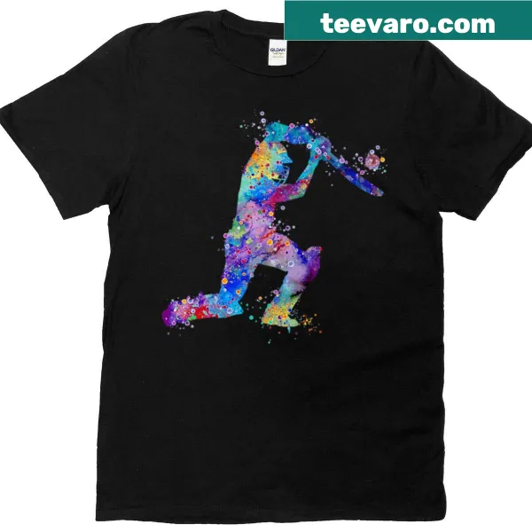 Watercolor silhouette of a boy playing cricket on a T-shirt