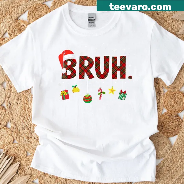Funny Christmas T-shirt with Bruh graphic and red plaid design.
