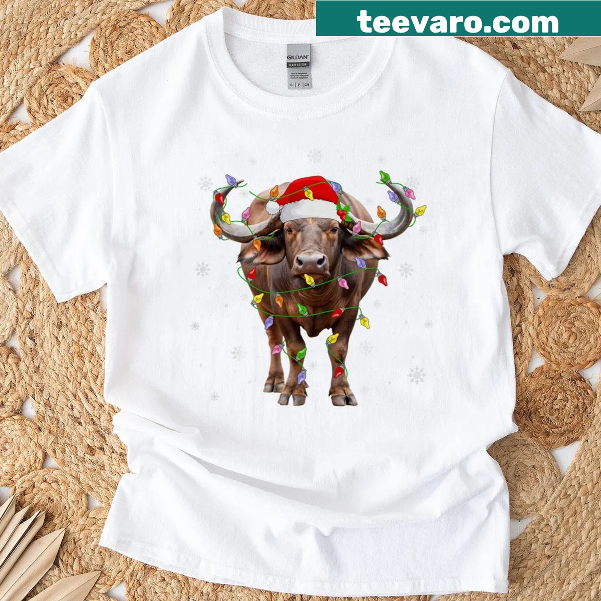 Funny buffalo in Christmas lights and Santa hat T-shirt for animal lovers. — on a men's t-shirt