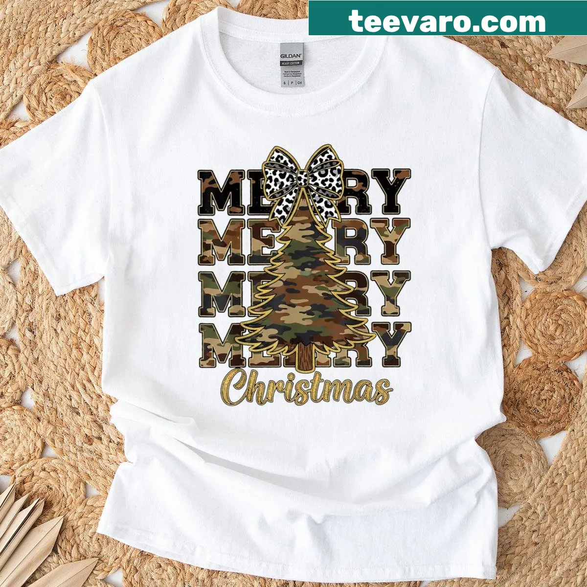 Camo Christmas tree graphic on t-shirt — on a men's t-shirt