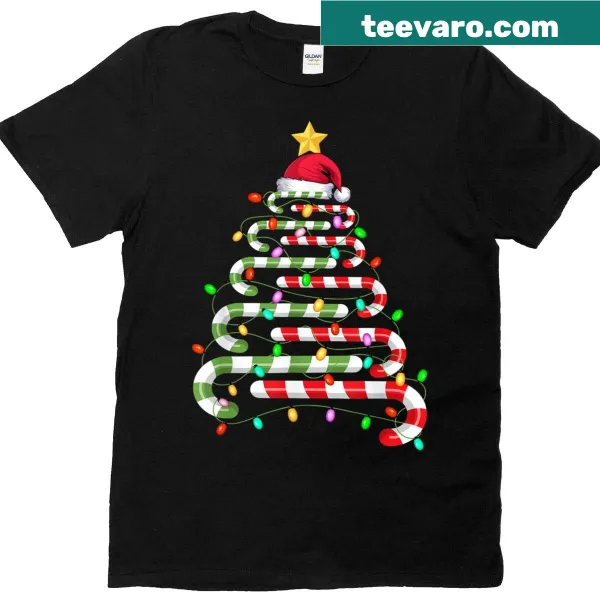 Christmas t-shirt featuring a candy cane tree with lights