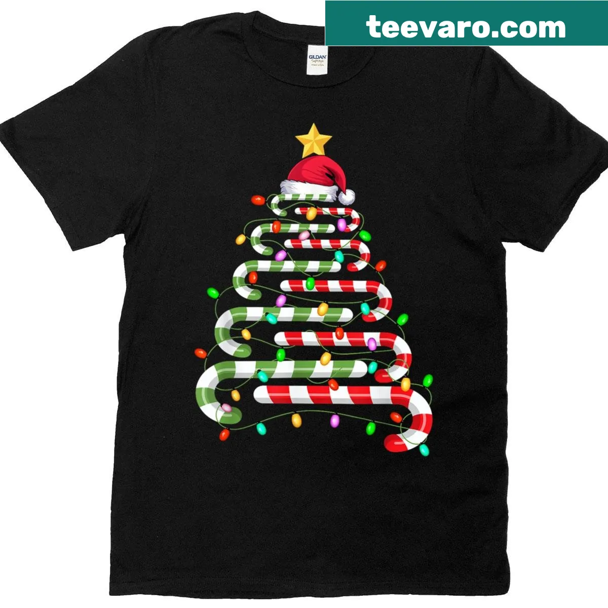 Christmas t-shirt featuring a candy cane tree with lights — on a men's t-shirt
