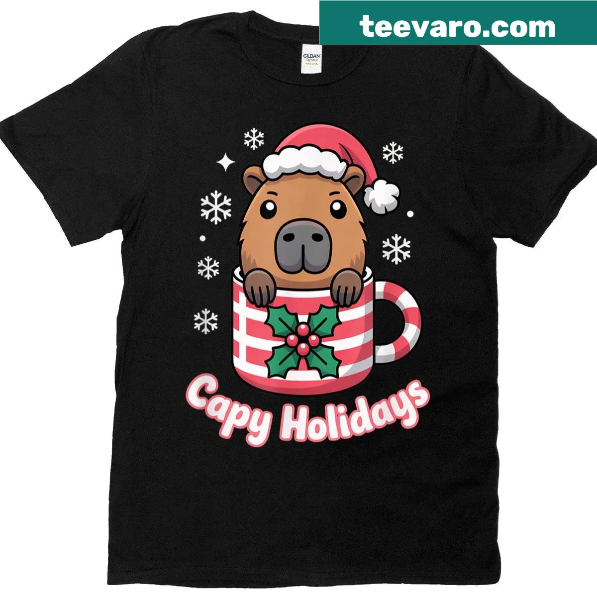 Cute capybara in Santa hat illustration for kids' Christmas shirt — on a men's t-shirt