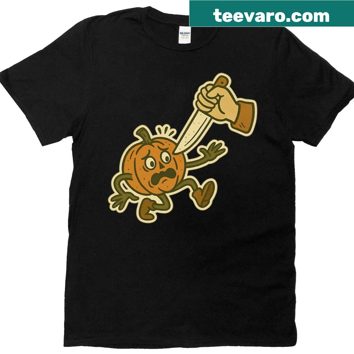 Oversized T-shirt featuring cartoon pumpkins escaping from carving — on a men's t-shirt