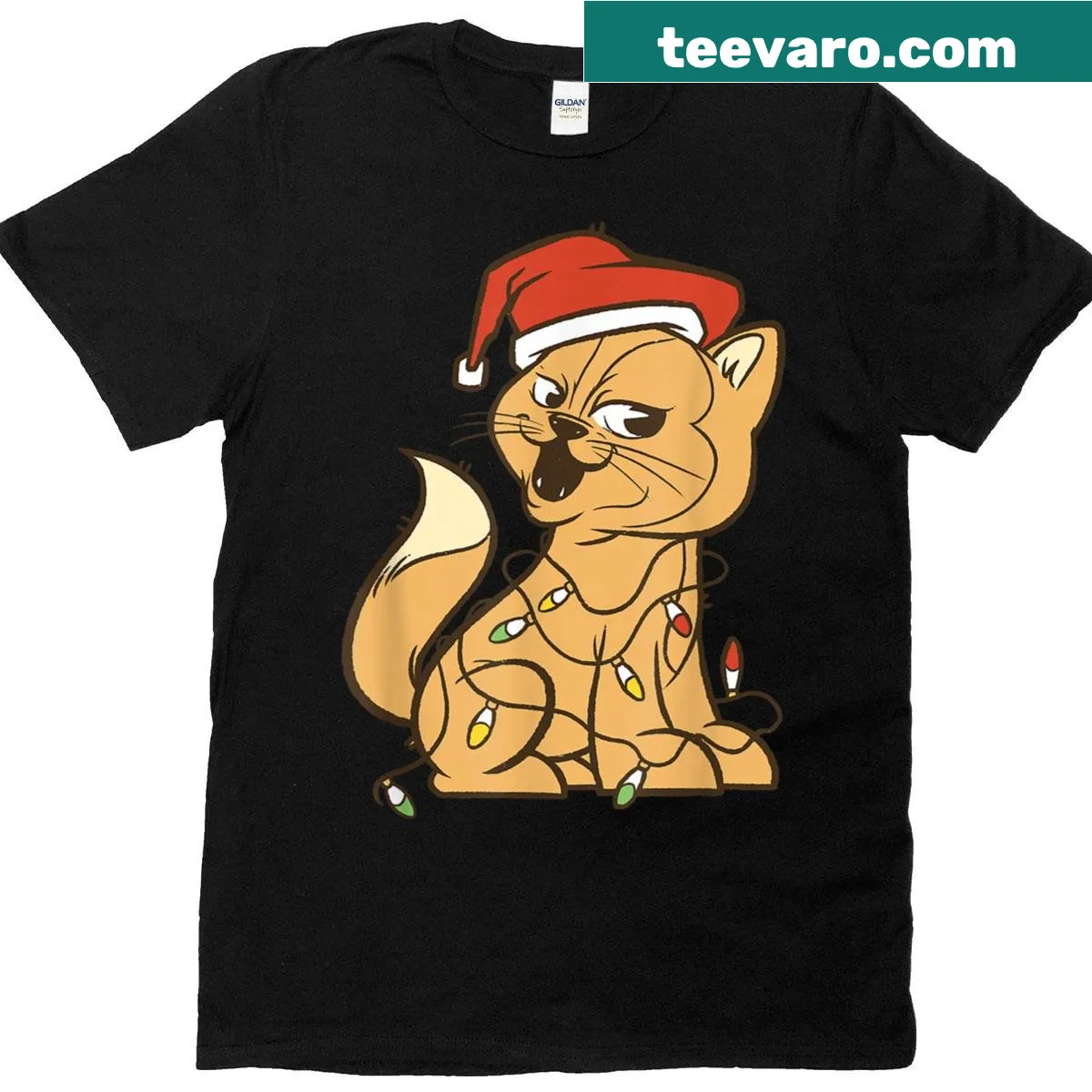 Funny Christmas T-shirt with cat graphic — on a men's t-shirt