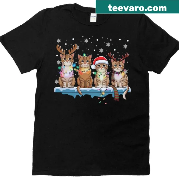 Funny holiday T-shirt featuring a cat as Santa with Christmas lights