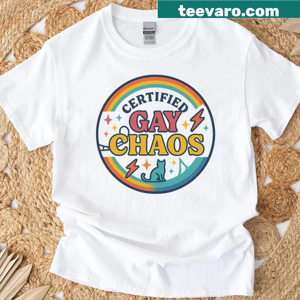 Retro rainbow graphic with 'Certified Gay Chaos' text — on a men's t-shirt