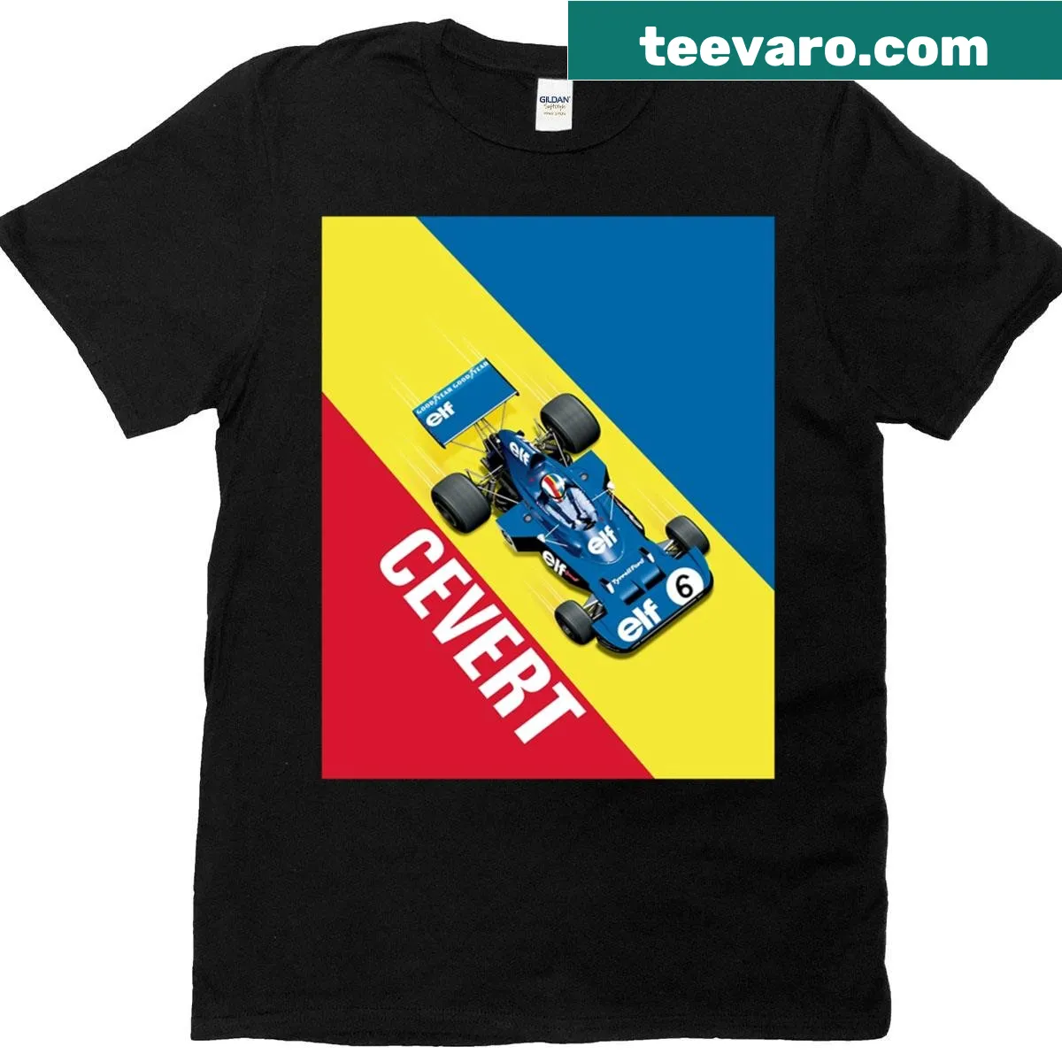 Graphic T-shirt featuring a race car illustration — on a men's t-shirt