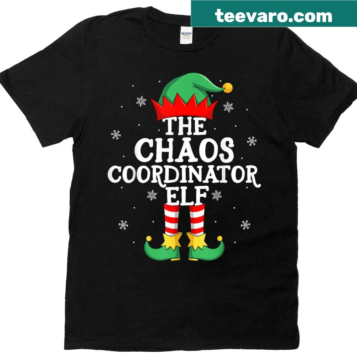 Funny Christmas tee for moms reading 'Chaos Coordinator Elf' in playful typography — on a men's t-shirt