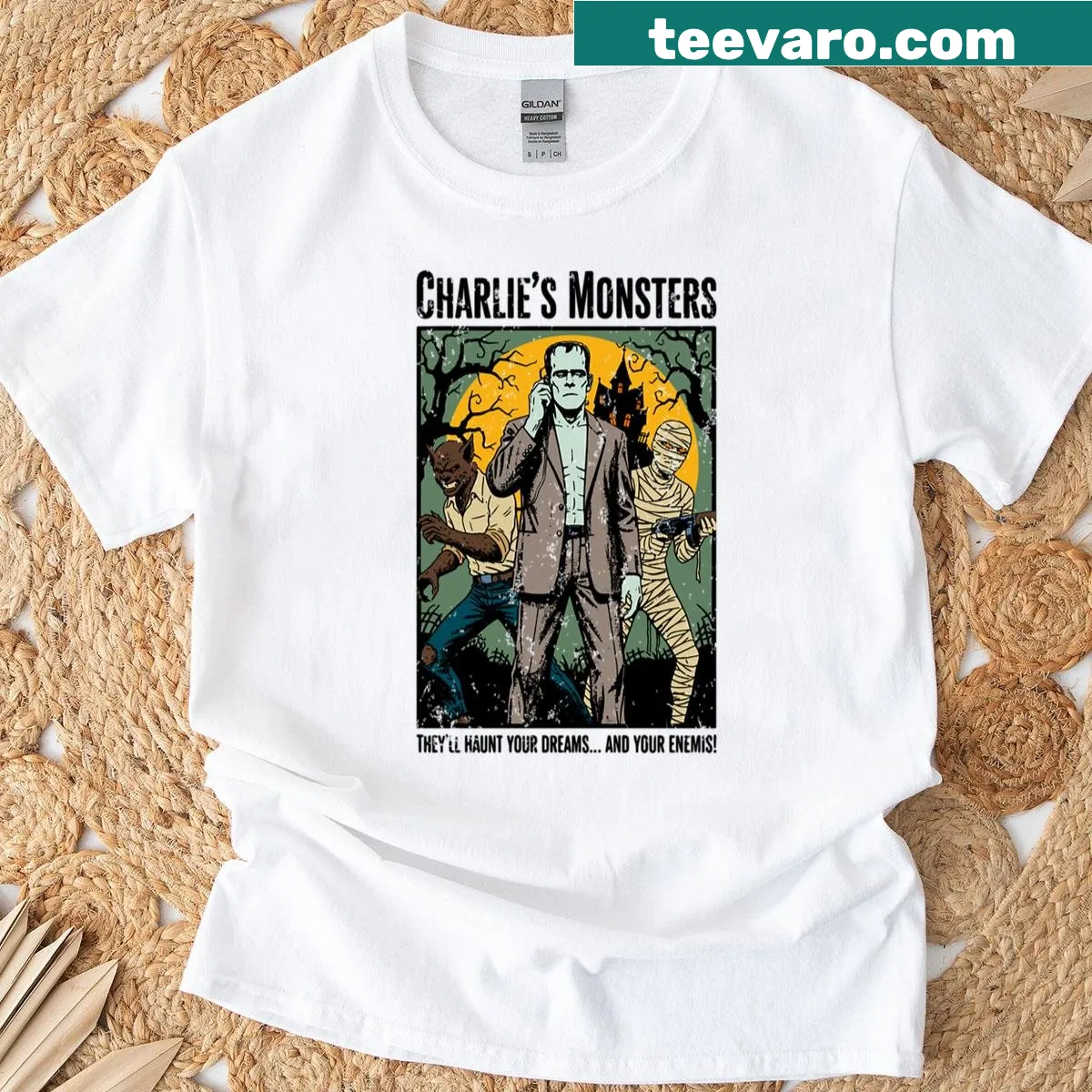 T-shirt featuring vintage monster movie poster design — on a men's t-shirt