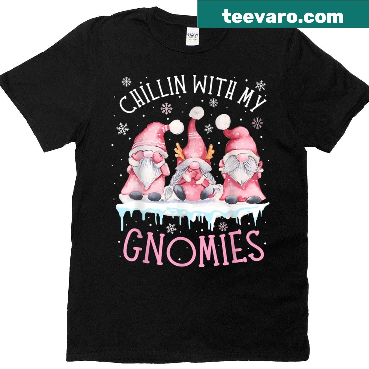 Cartoon-style Christmas t-shirt with playful gnomes — on a men's t-shirt