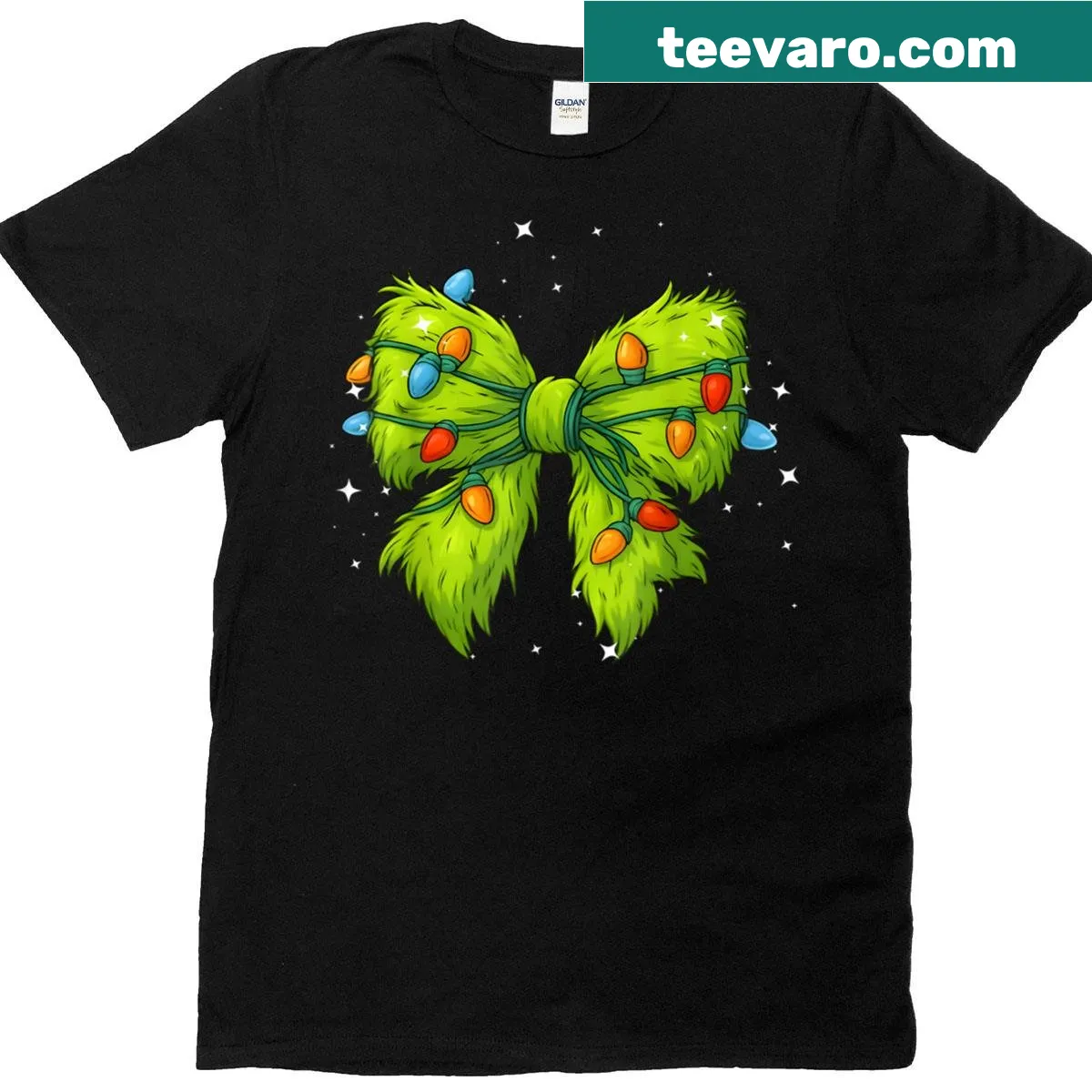 Festive T-shirt with Christmas bows and lights design — on a men's t-shirt