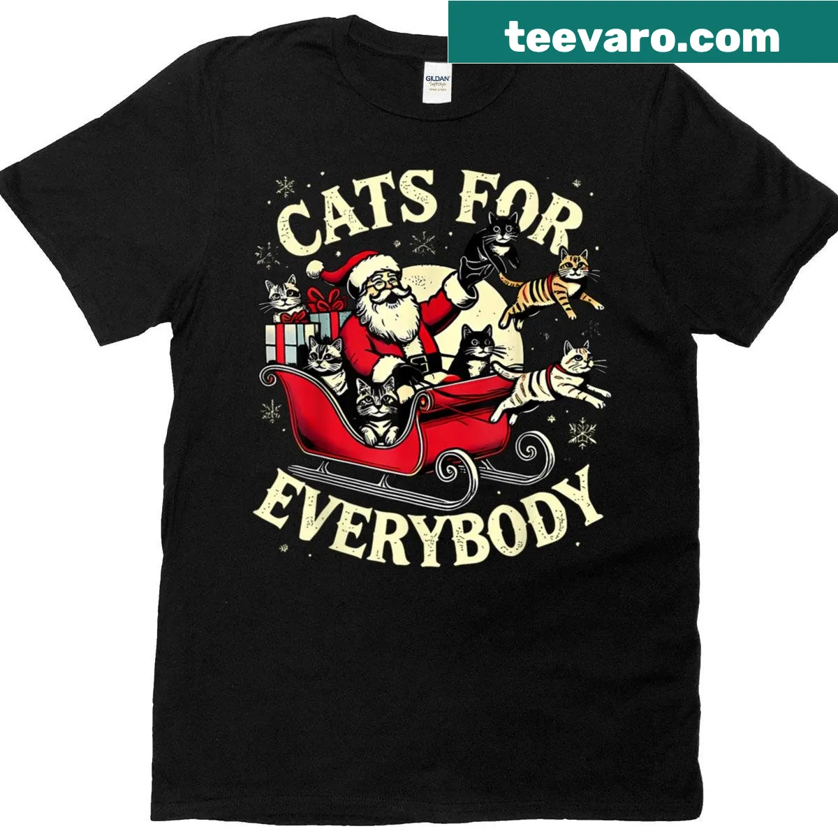 Shirt featuring cartoon cats in Christmas attire for cat lovers — on a men's t-shirt
