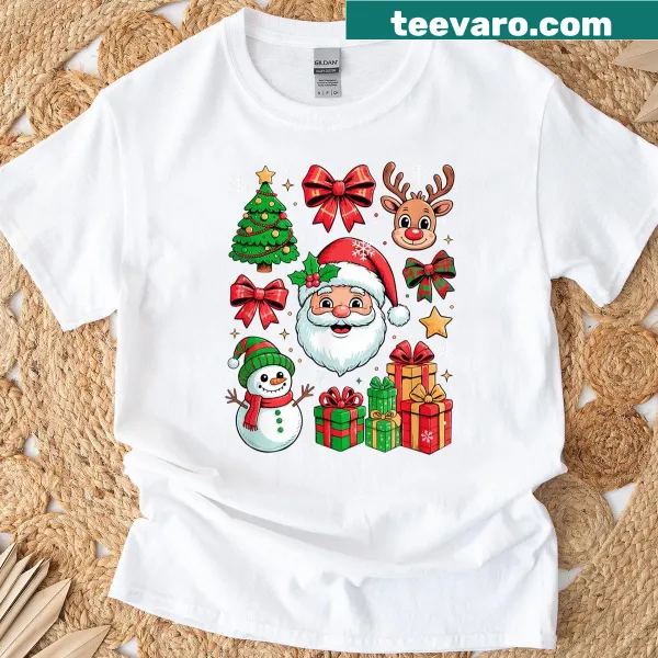 Whimsical holiday snowman with bow tie surrounded by Christmas characters