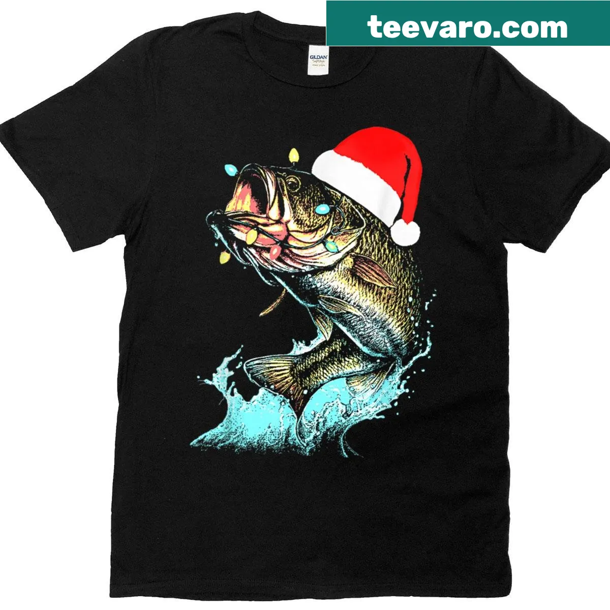 Funny Christmas t-shirt with bass fish in a Santa hat — on a men's t-shirt