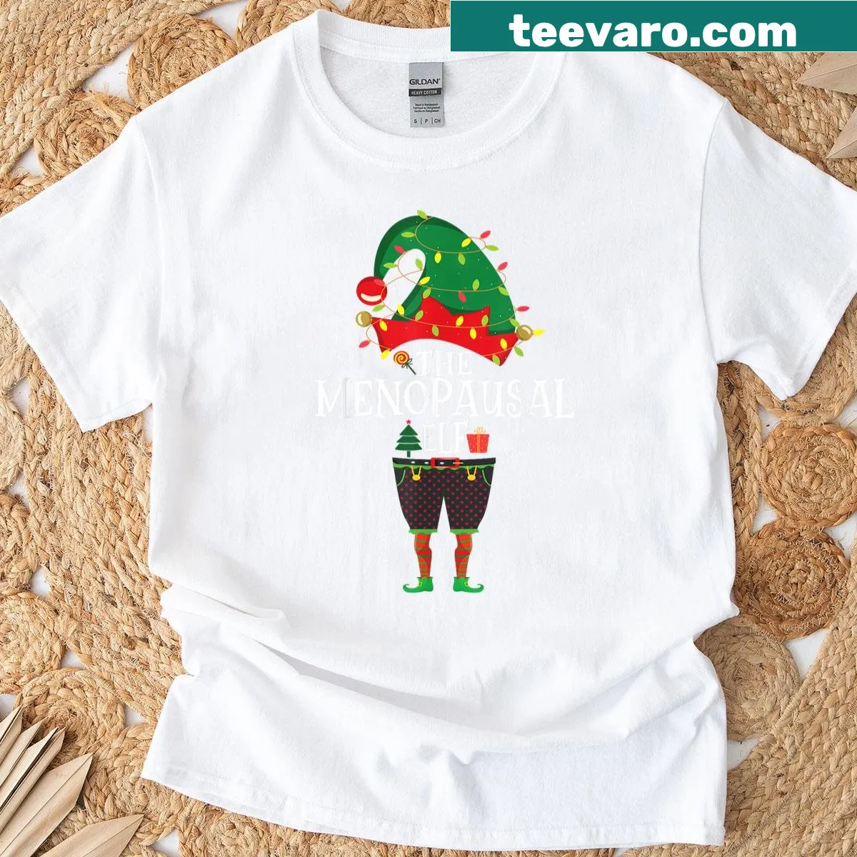 Funny Christmas Elf Menopausal graphic T-shirt for moms — on a men's t-shirt