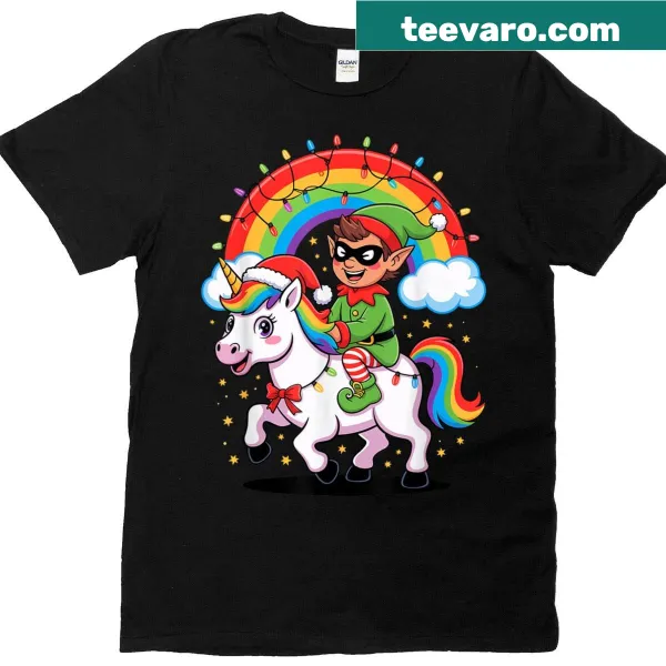 Christmas Elf Unicorn T-shirt with whimsical design of unicorns and elves