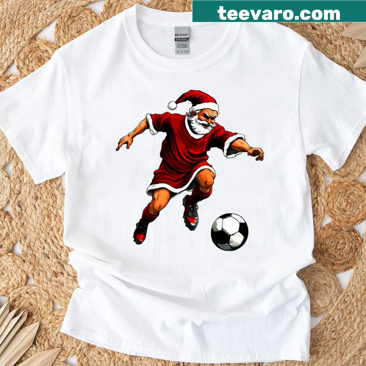 Christmas-themed footballer graphic T-shirt for festive celebrations — on a men's t-shirt