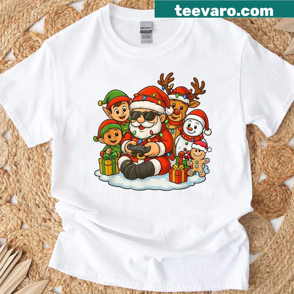 T-shirt featuring Santa and a gaming friend with Christmas elements. — on a men's t-shirt