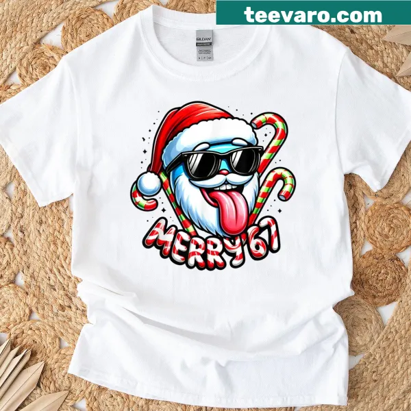 Funny T-shirt with the phrase 'Merry 67' and Santa graphic