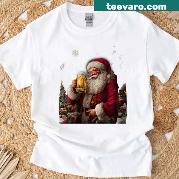 Whimsical Santa Claus t-shirt with beer illustration for Christmas.