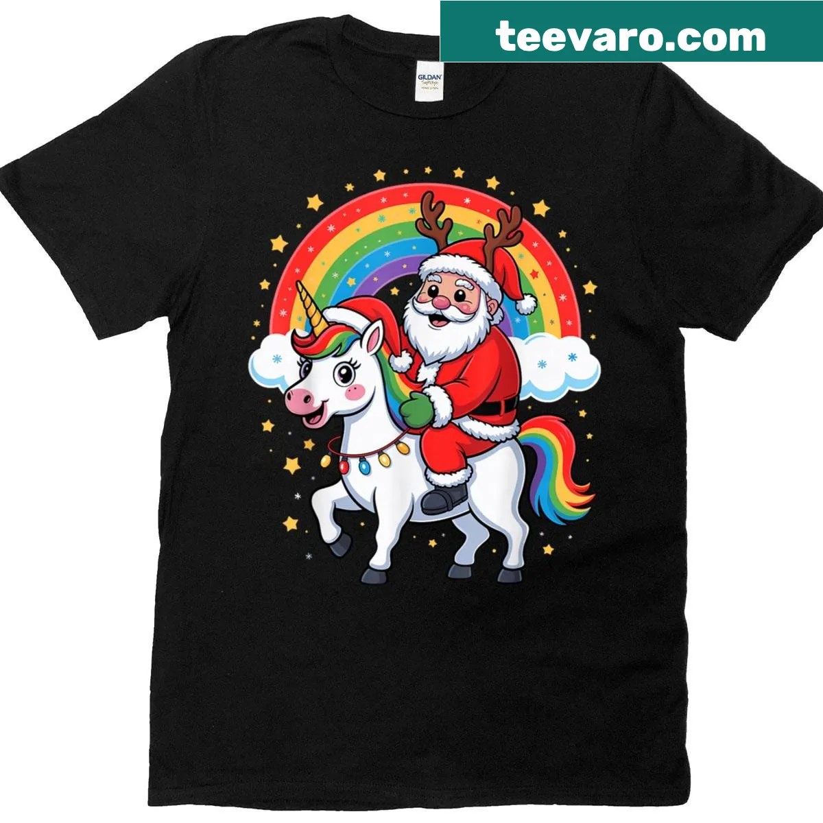 Humorous shirt depicting Santa Claus with a unicorn for Christmas. — on a men's t-shirt