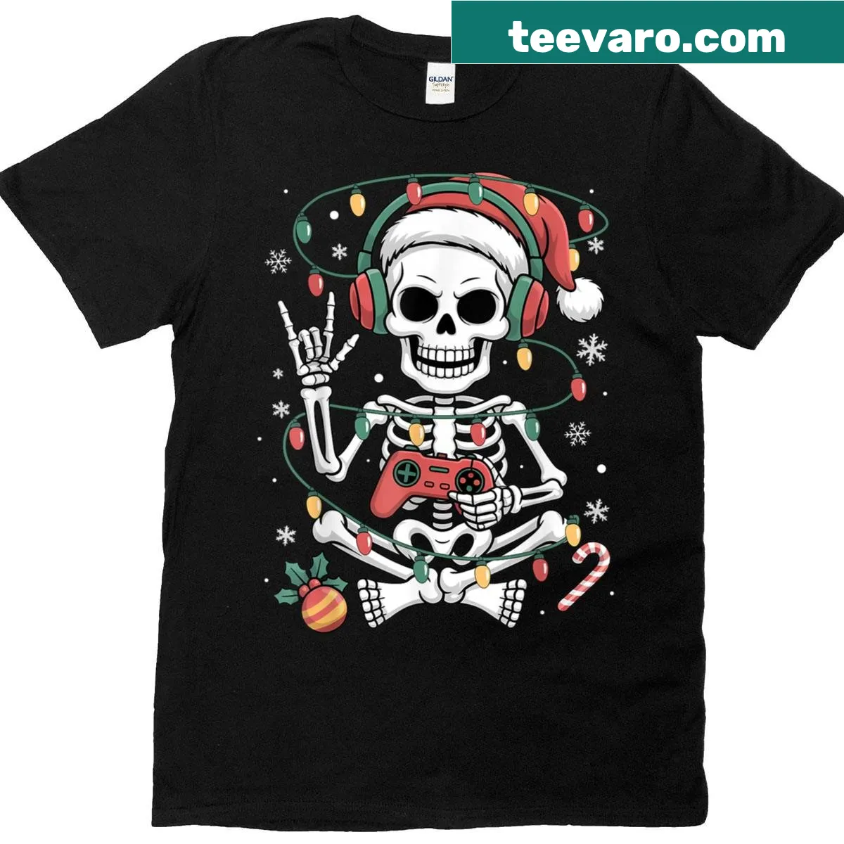 Christmas Skeleton Gamer T-shirt with a festive gaming theme. — on a men's t-shirt