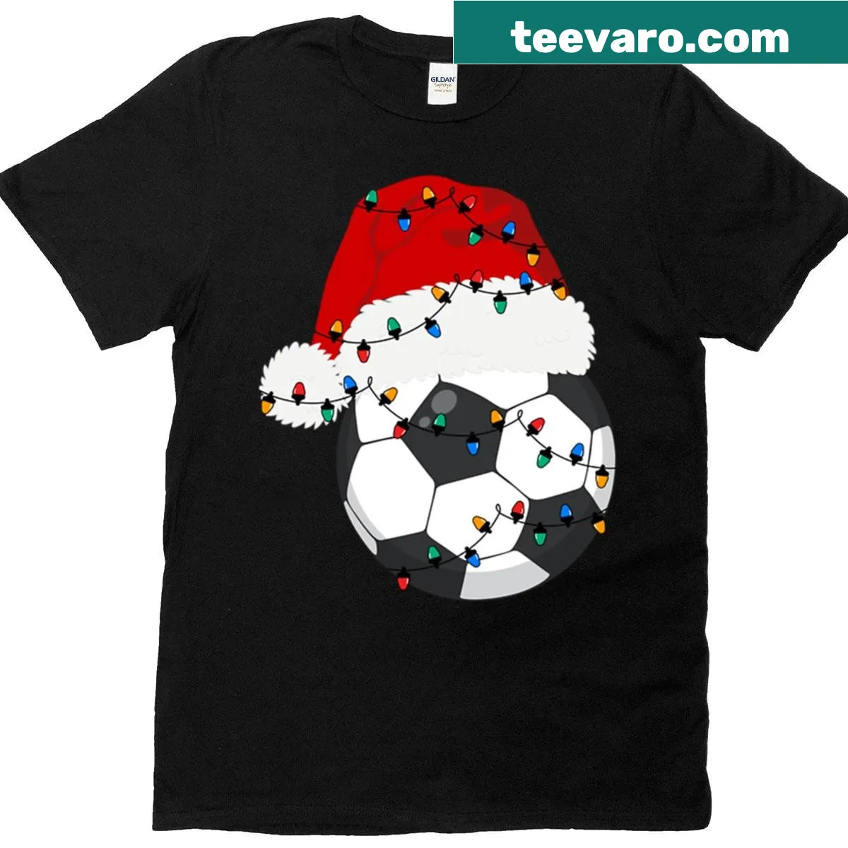 Christmas-themed soccer tee with a decorated soccer ball graphic — on a men's t-shirt