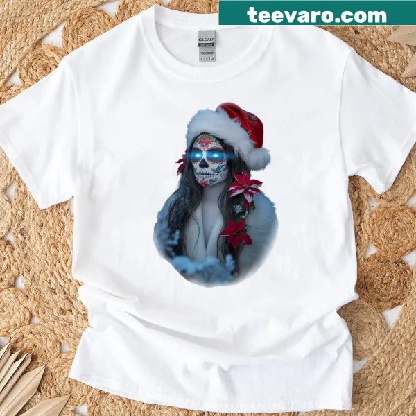 Christmas-themed T-shirt with sugar skull and Santa hat art