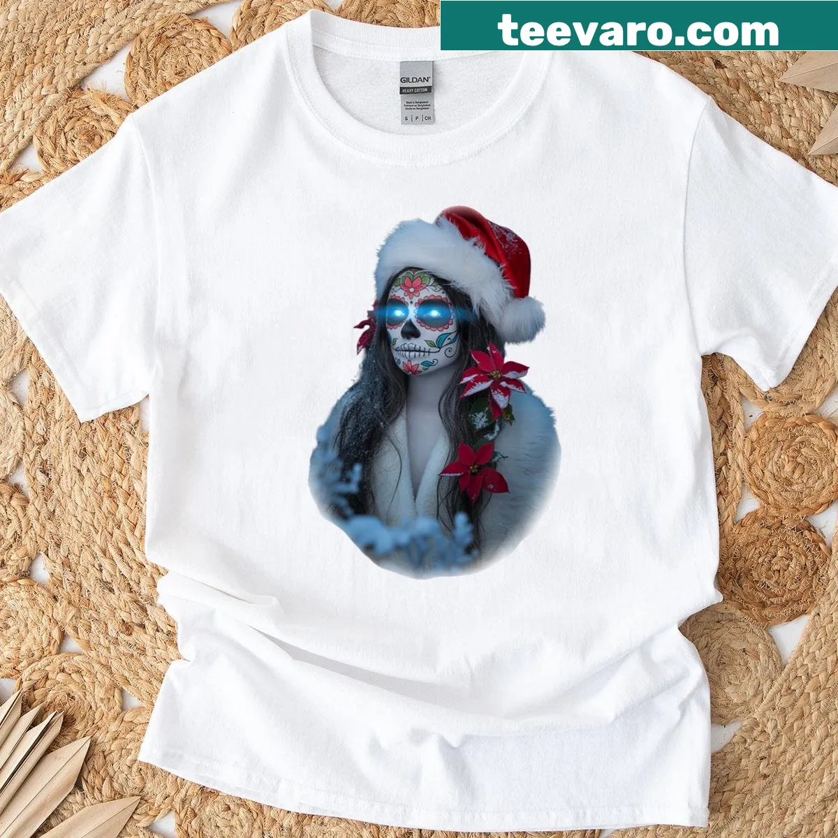 Christmas-themed T-shirt with sugar skull and Santa hat art — on a men's t-shirt
