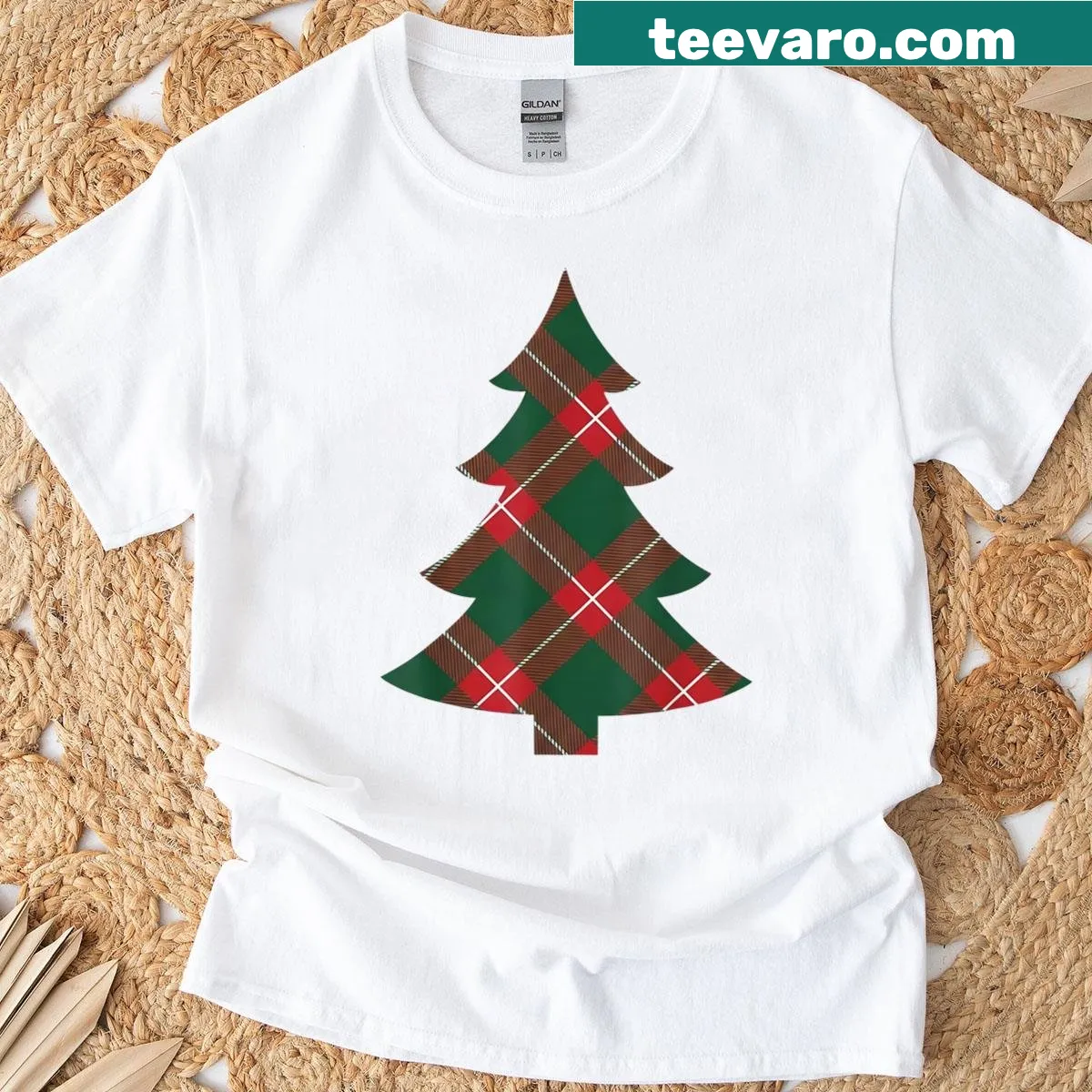 Plaid Christmas tree design on a red and green t-shirt — on a men's t-shirt