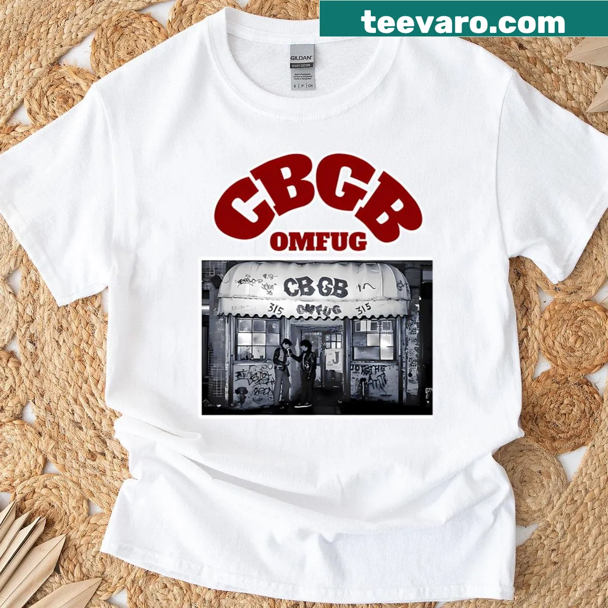 Oversized retro music logo T-shirt with Omfug design — on a men's t-shirt