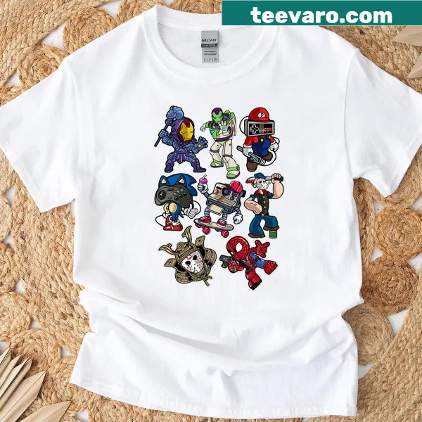 T-shirt featuring cartoon superheroes in a sticker pack style.