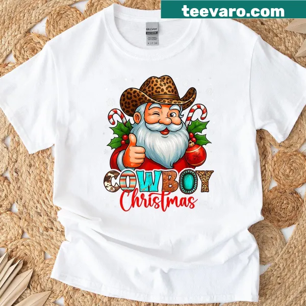 Santa in cowboy outfit graphic on kids Christmas T-shirt