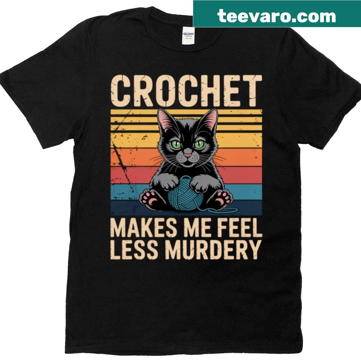 Funny crochet-themed cat t-shirt with whimsical design — on a men's t-shirt