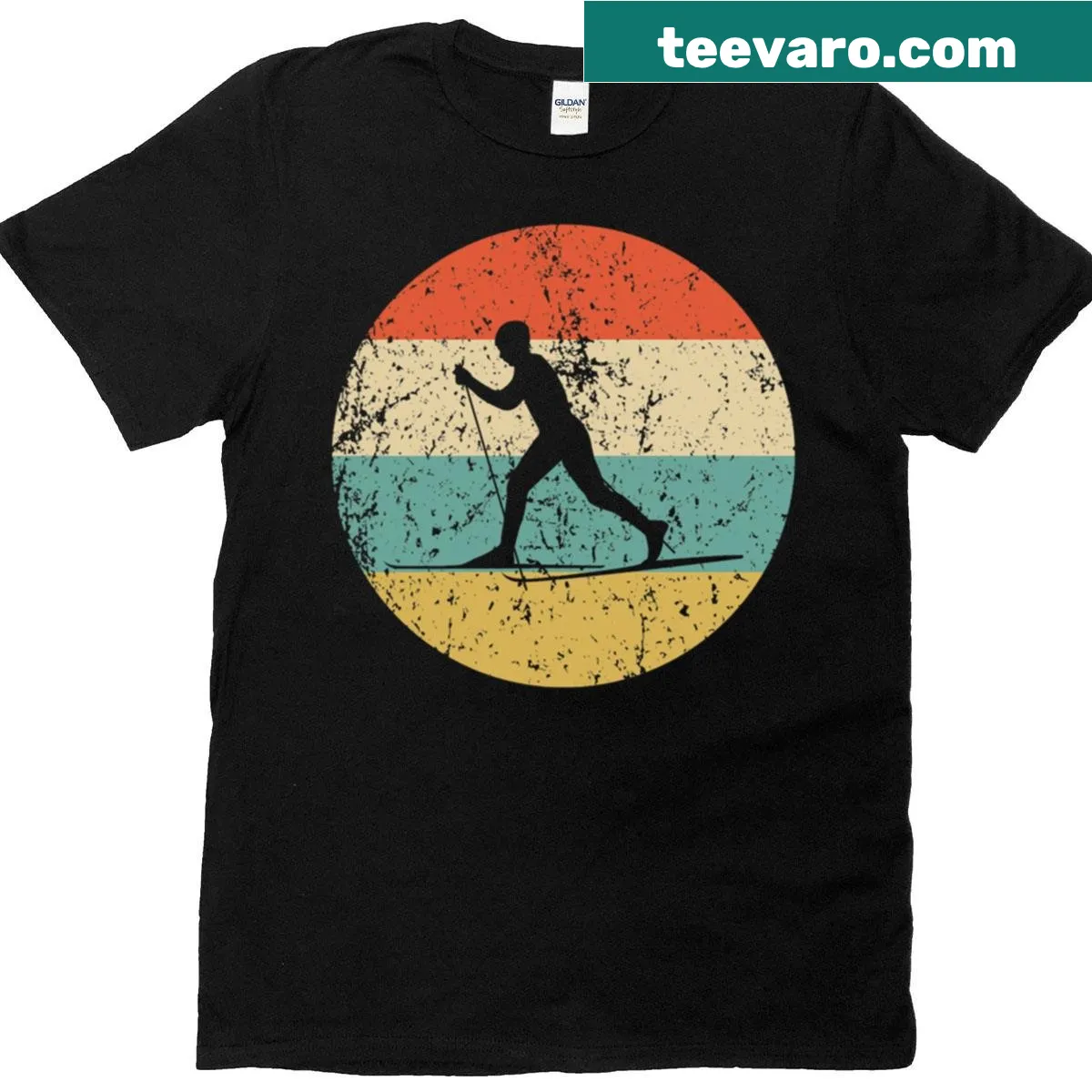Vintage retro cross country skiing graphic t-shirt — on a men's t-shirt