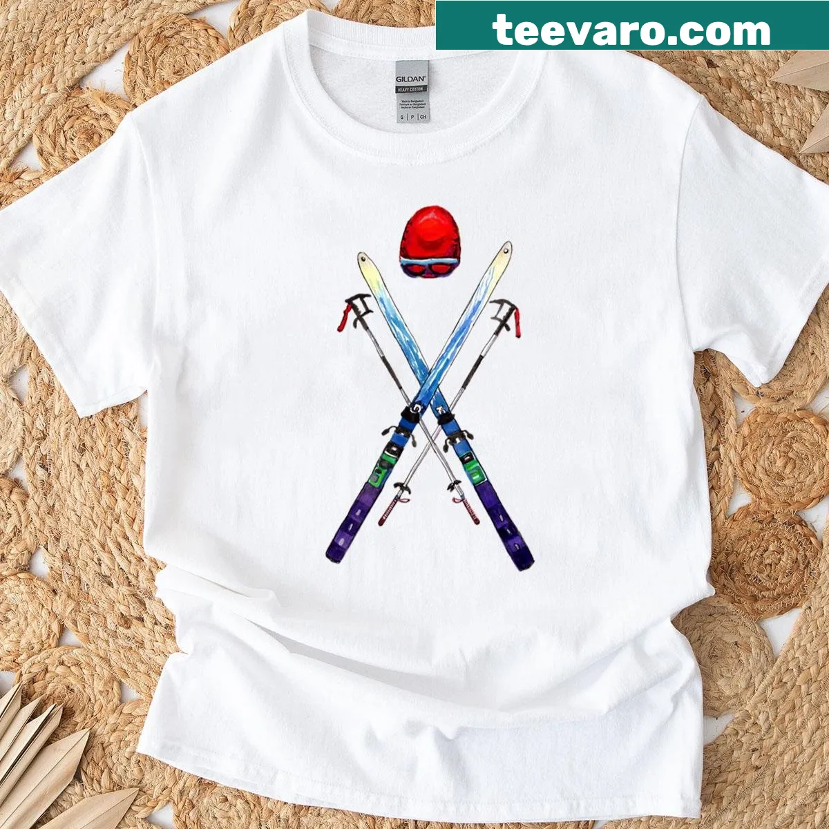 T-shirt with crossed ski equipment illustration — on a men's t-shirt